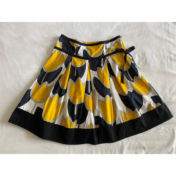 Pleated Skirt A-Line 7 Tulip Print Black Yellow Cotton by Speechless - Picture 1 of 8